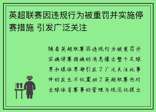 英超联赛因违规行为被重罚并实施停赛措施 引发广泛关注