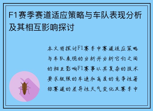 F1赛季赛道适应策略与车队表现分析及其相互影响探讨